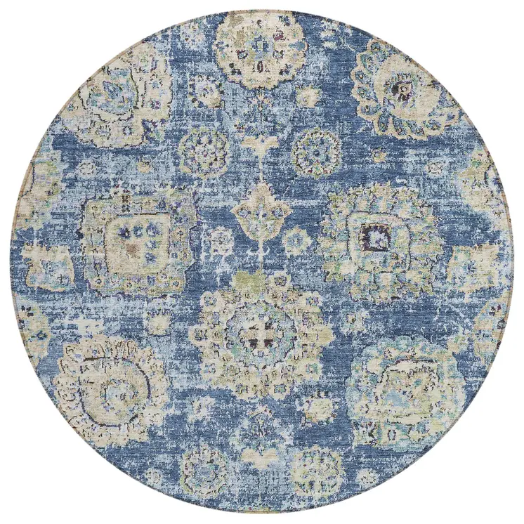 8' Navy Blue And Beige Round Floral Washable Indoor Outdoor Area Rug