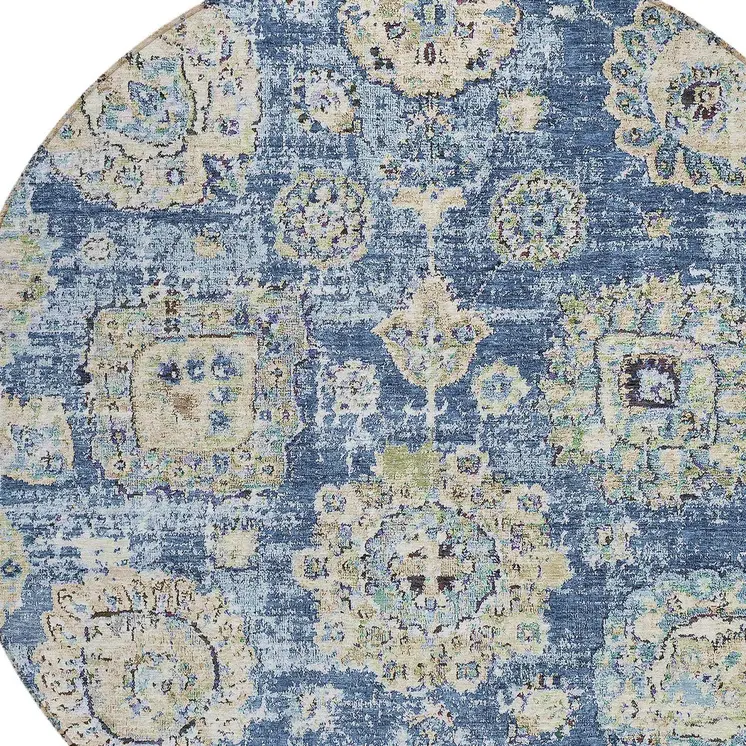8' Navy Blue And Beige Round Floral Washable Indoor Outdoor Area Rug