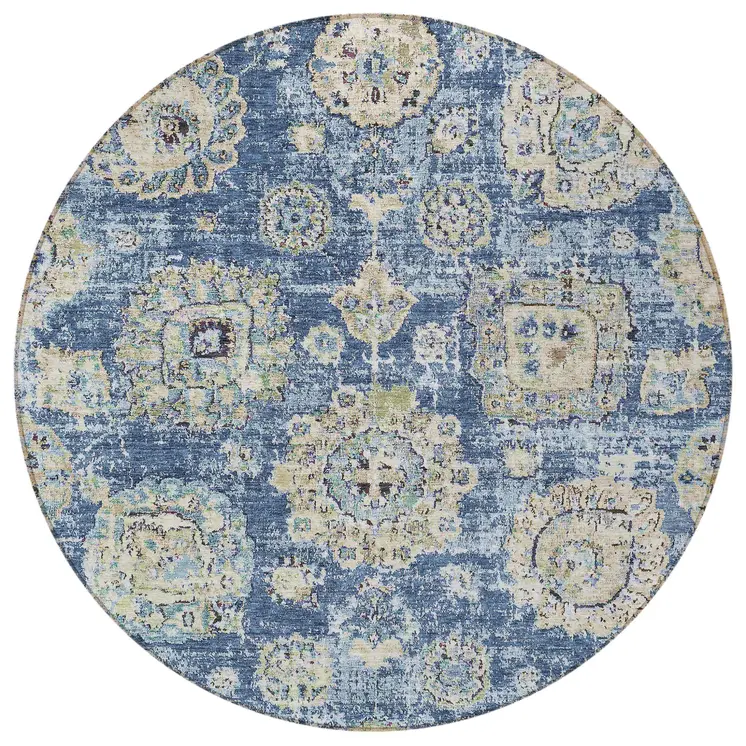 8' Navy Blue And Beige Round Floral Washable Indoor Outdoor Area Rug