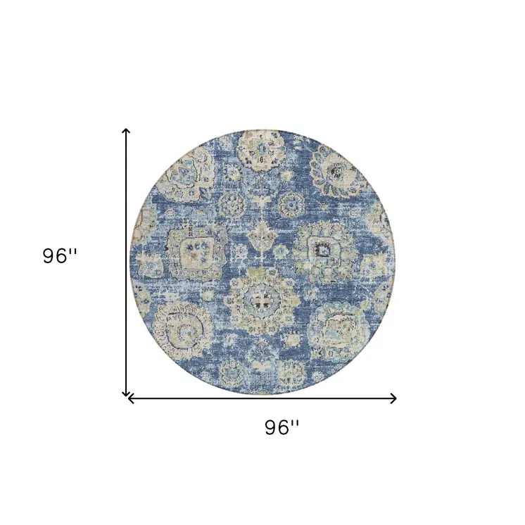 8' Navy Blue And Beige Round Floral Washable Indoor Outdoor Area Rug