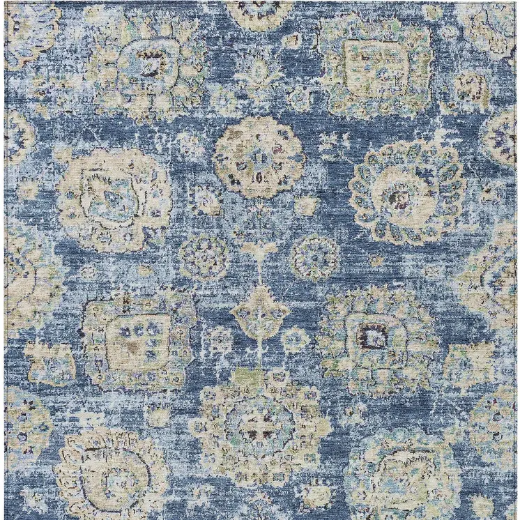 8' X 10' Navy Blue And Beige Floral Washable Indoor Outdoor Area Rug