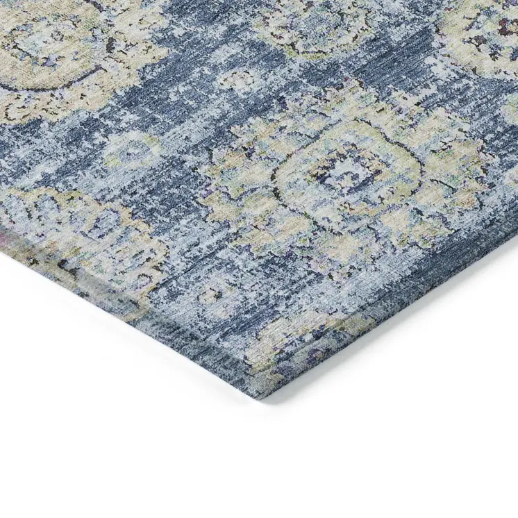 8' X 10' Navy Blue And Beige Floral Washable Indoor Outdoor Area Rug