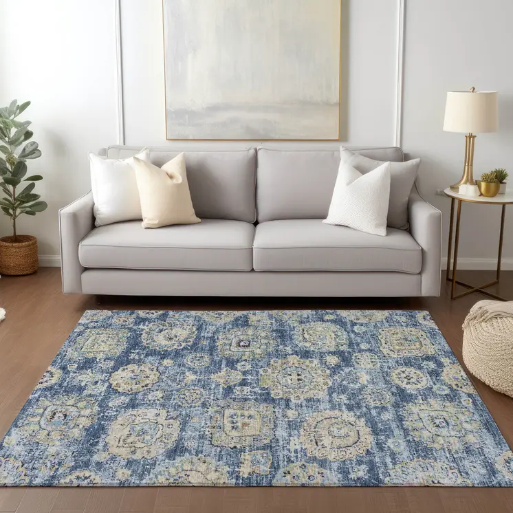 8' X 10' Navy Blue And Beige Floral Washable Indoor Outdoor Area Rug