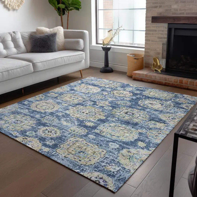 8' X 10' Navy Blue And Beige Floral Washable Indoor Outdoor Area Rug