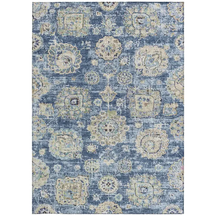 9' X 12' Navy Blue And Beige Floral Washable Indoor Outdoor Area Rug