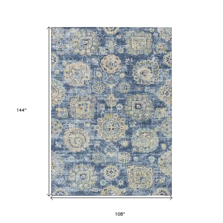 9' X 12' Navy Blue And Beige Floral Washable Indoor Outdoor Area Rug
