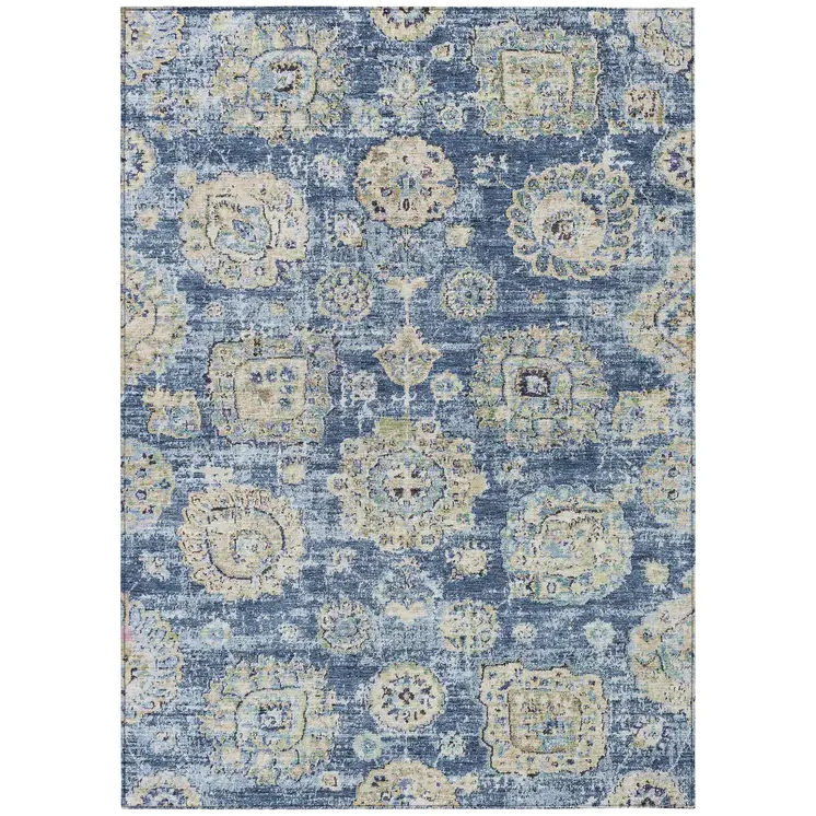 9' X 12' Navy Blue And Beige Floral Washable Indoor Outdoor Area Rug