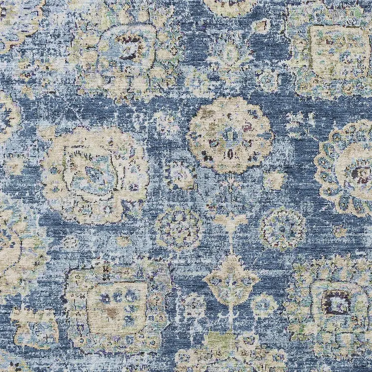 10' X 14' Navy Blue And Beige Floral Washable Indoor Outdoor Area Rug