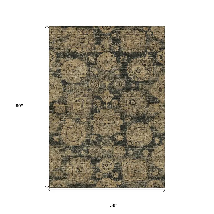 3' X 5' Charcoal Gold And Tan Floral Washable Indoor Outdoor Area Rug
