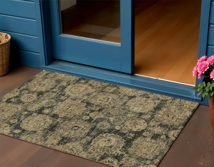 3' X 5' Charcoal Gold And Tan Floral Washable Indoor Outdoor Area Rug