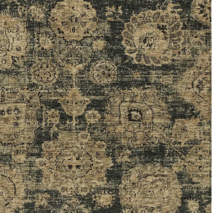 3' X 5' Charcoal Gold And Tan Floral Washable Indoor Outdoor Area Rug