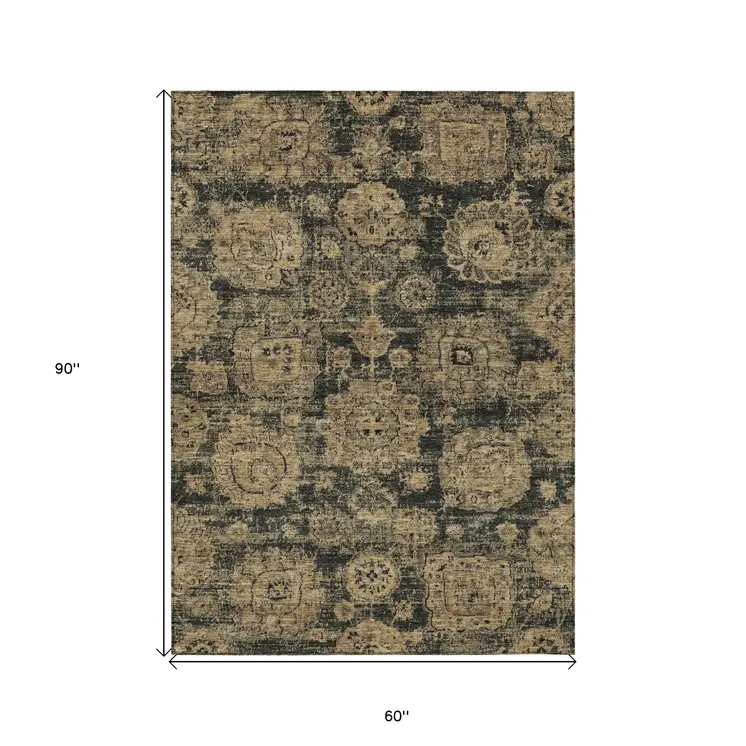 5' X 8' Charcoal Gold And Tan Floral Washable Indoor Outdoor Area Rug