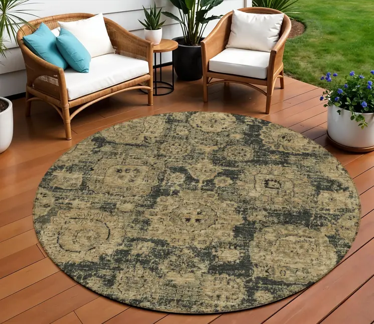 8' Charcoal Gold And Tan Round Floral Washable Indoor Outdoor Area Rug