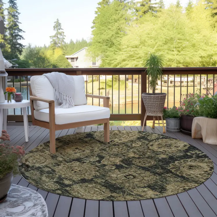 8' Charcoal Gold And Tan Round Floral Washable Indoor Outdoor Area Rug