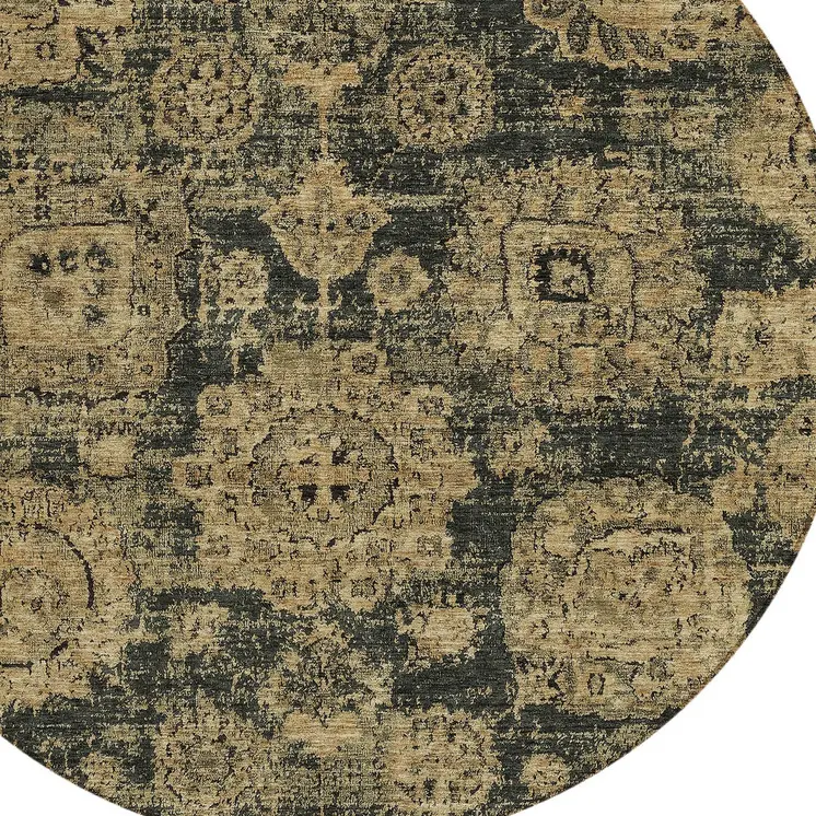 8' Charcoal Gold And Tan Round Floral Washable Indoor Outdoor Area Rug
