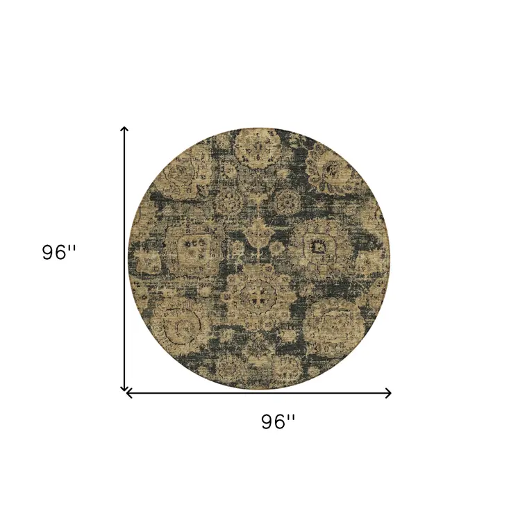 8' Charcoal Gold And Tan Round Floral Washable Indoor Outdoor Area Rug