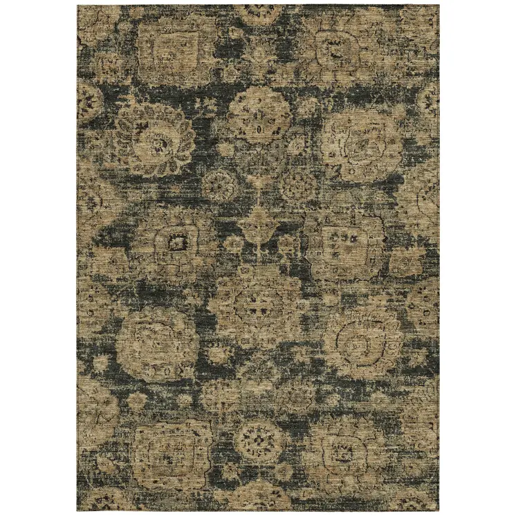 8' X 10' Charcoal Gold And Tan Floral Washable Indoor Outdoor Area Rug