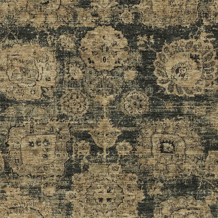8' X 10' Charcoal Gold And Tan Floral Washable Indoor Outdoor Area Rug