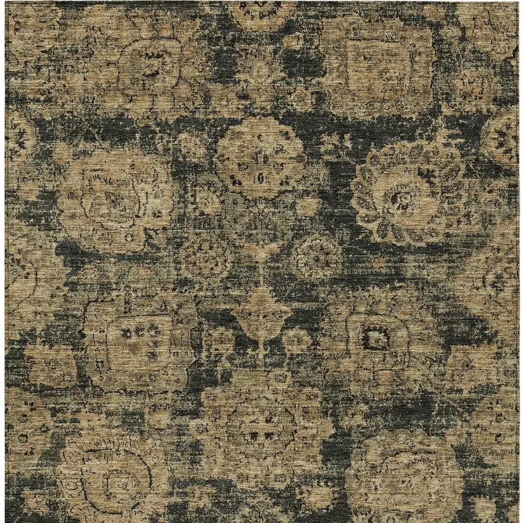 10' X 14' Charcoal Gold And Tan Floral Washable Indoor Outdoor Area Rug