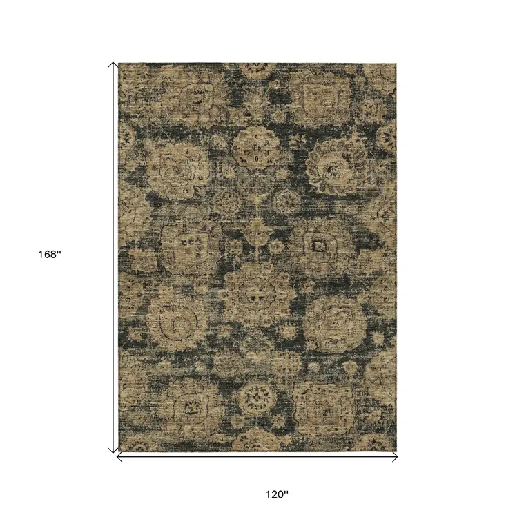 10' X 14' Charcoal Gold And Tan Floral Washable Indoor Outdoor Area Rug