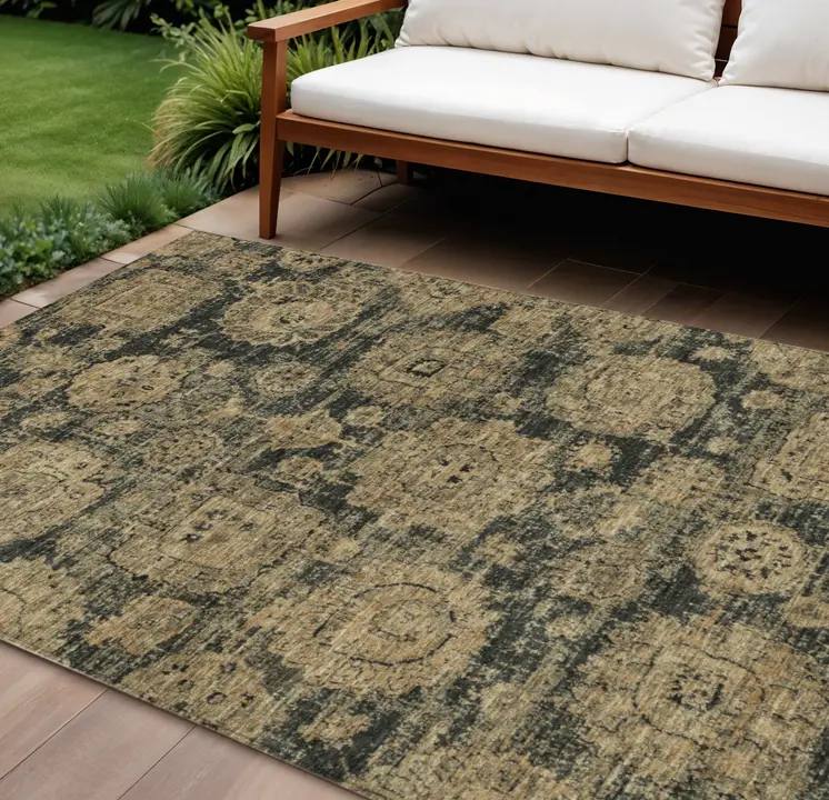 10' X 14' Charcoal Gold And Tan Floral Washable Indoor Outdoor Area Rug