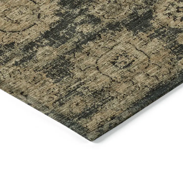 10' X 14' Charcoal Gold And Tan Floral Washable Indoor Outdoor Area Rug