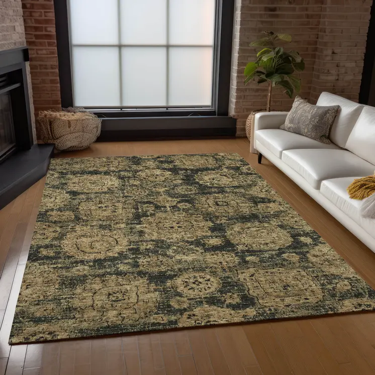 10' X 14' Charcoal Gold And Tan Floral Washable Indoor Outdoor Area Rug