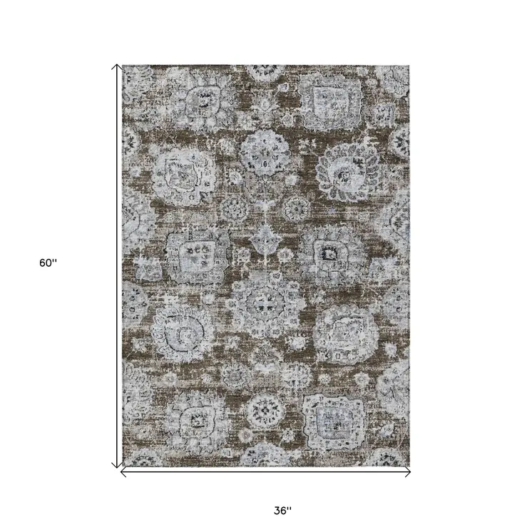 3' X 5' Chocolate And Blue Floral Washable Indoor Outdoor Area Rug