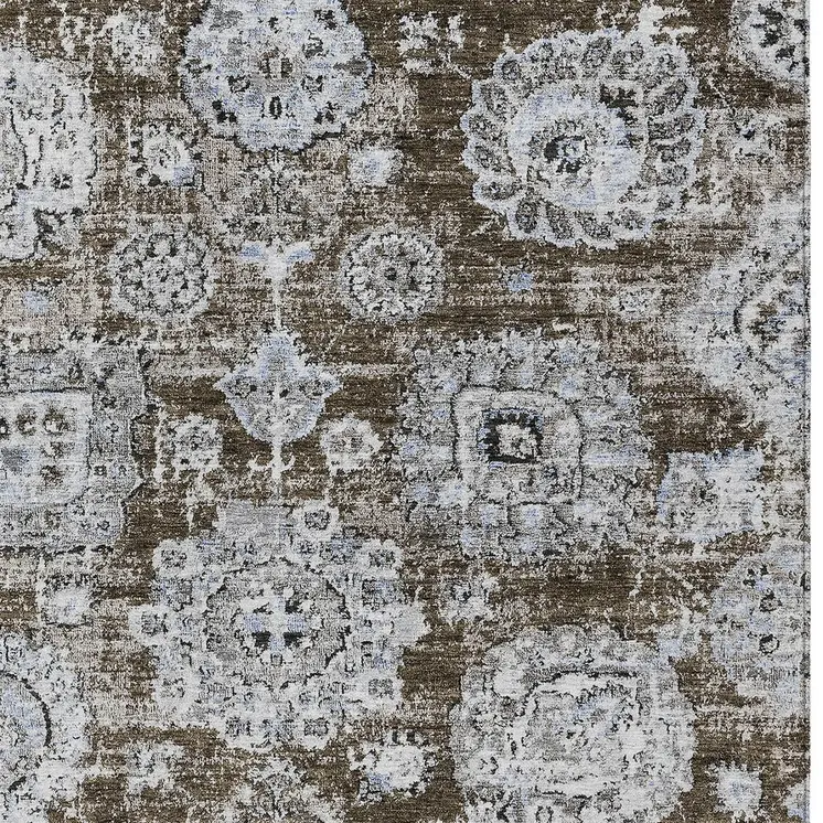 3' X 5' Chocolate And Blue Floral Washable Indoor Outdoor Area Rug