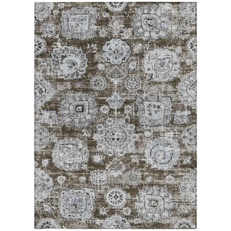 5' X 8' Chocolate And Blue Floral Washable Indoor Outdoor Area Rug