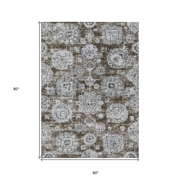5' X 8' Chocolate And Blue Floral Washable Indoor Outdoor Area Rug