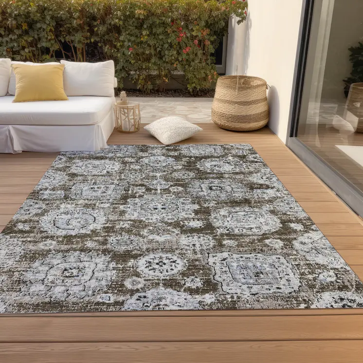 5' X 8' Chocolate And Blue Floral Washable Indoor Outdoor Area Rug