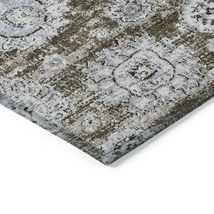 5' X 8' Chocolate And Blue Floral Washable Indoor Outdoor Area Rug
