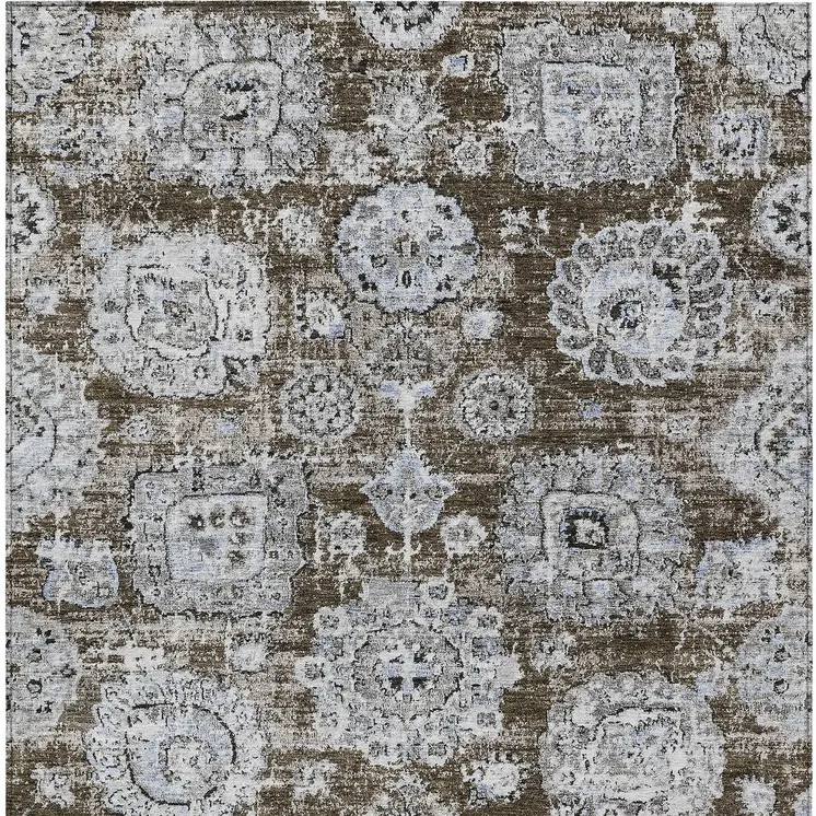 5' X 8' Chocolate And Blue Floral Washable Indoor Outdoor Area Rug