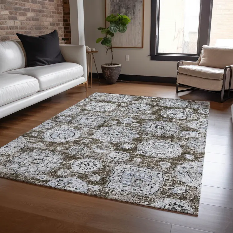 5' X 8' Chocolate And Blue Floral Washable Indoor Outdoor Area Rug