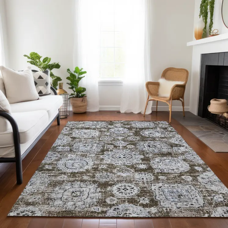 5' X 8' Chocolate And Blue Floral Washable Indoor Outdoor Area Rug