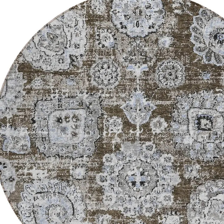 8' Chocolate And Blue Round Floral Washable Indoor Outdoor Area Rug