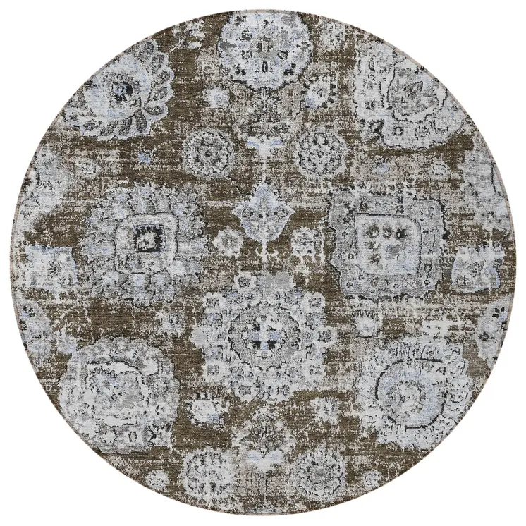 8' Chocolate And Blue Round Floral Washable Indoor Outdoor Area Rug