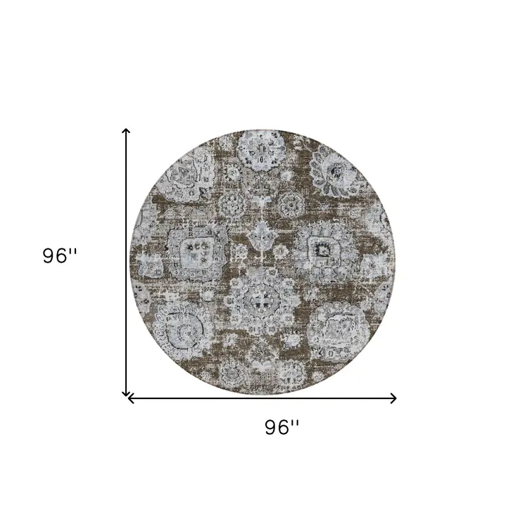 8' Chocolate And Blue Round Floral Washable Indoor Outdoor Area Rug