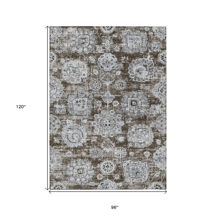 8' X 10' Chocolate And Blue Floral Washable Indoor Outdoor Area Rug