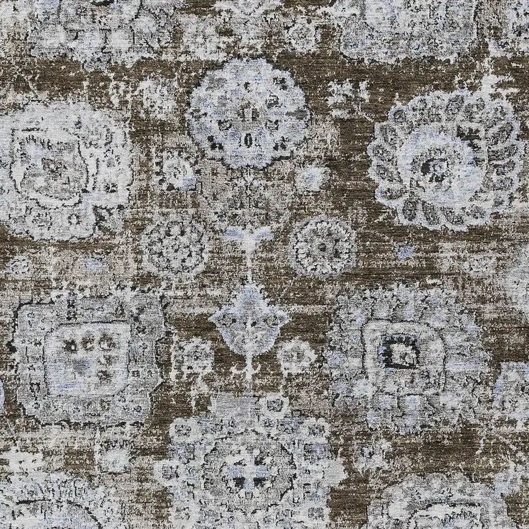 9' X 12' Chocolate And Blue Floral Washable Indoor Outdoor Area Rug
