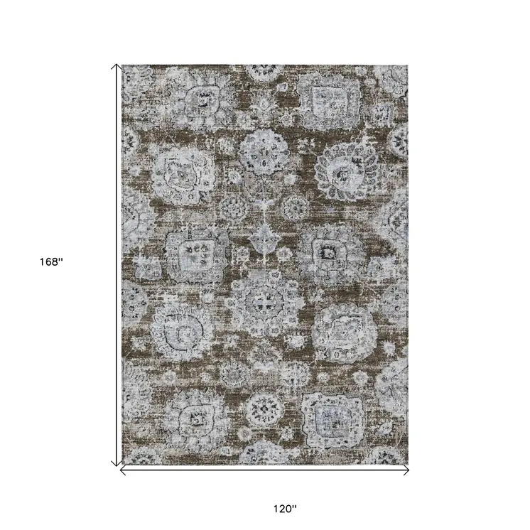 10' X 14' Chocolate And Blue Floral Washable Indoor Outdoor Area Rug