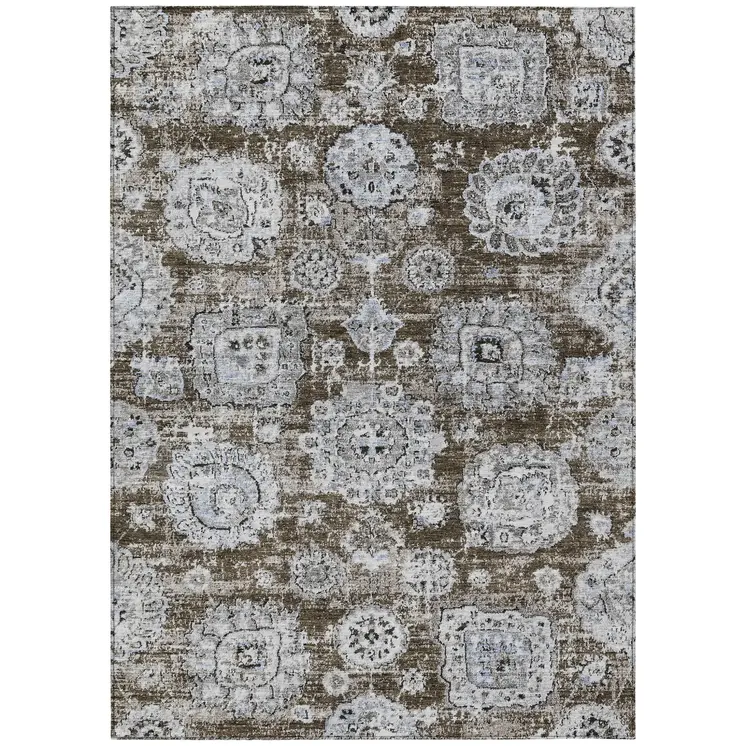 10' X 14' Chocolate And Blue Floral Washable Indoor Outdoor Area Rug