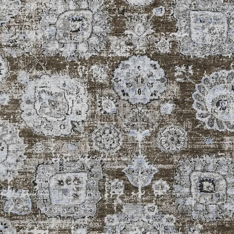 10' X 14' Chocolate And Blue Floral Washable Indoor Outdoor Area Rug