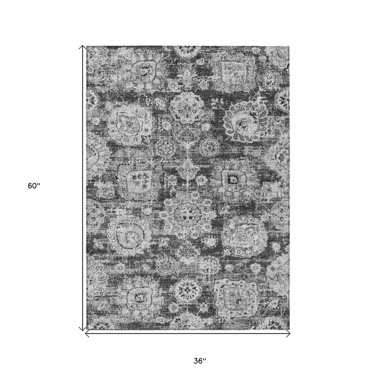 3' X 5' Gray Charcoal And Silver Floral Washable Indoor Outdoor Area Rug