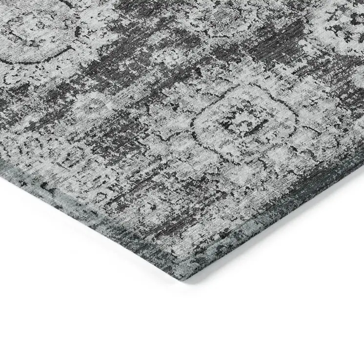 3' X 5' Gray Charcoal And Silver Floral Washable Indoor Outdoor Area Rug