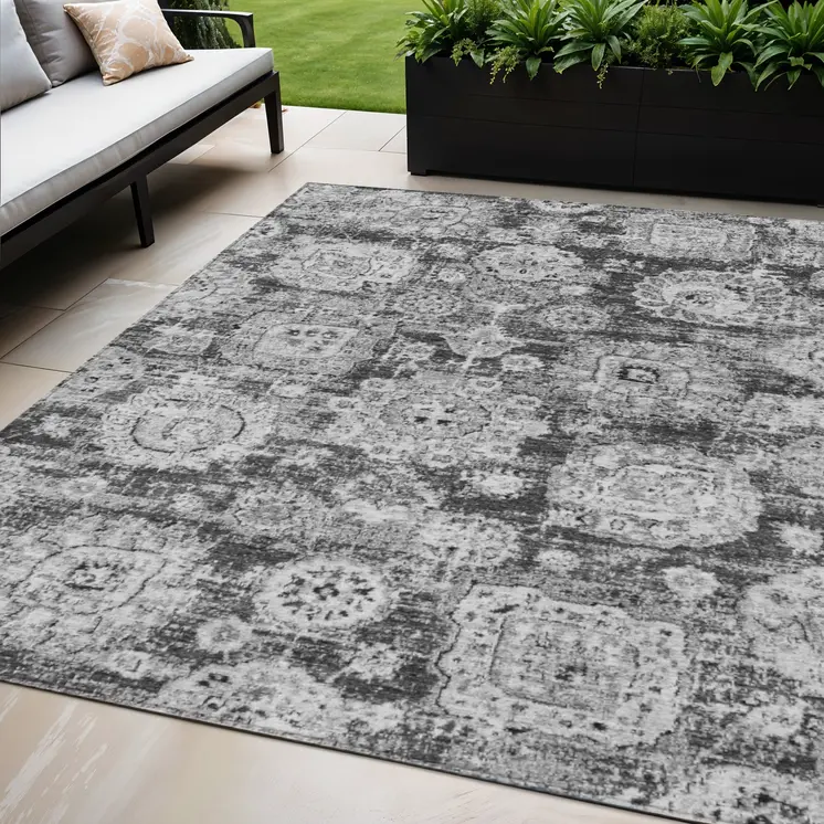 5' X 8' Gray Charcoal And Silver Floral Washable Indoor Outdoor Area Rug