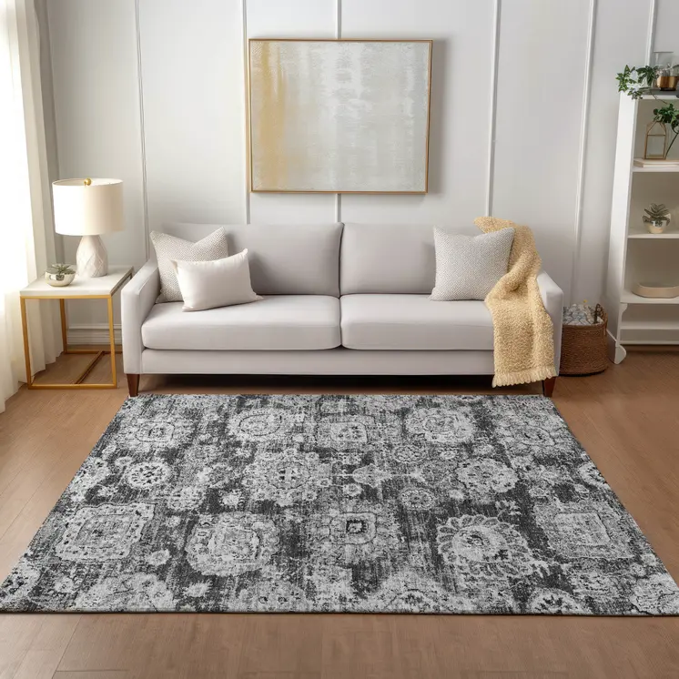 5' X 8' Gray Charcoal And Silver Floral Washable Indoor Outdoor Area Rug