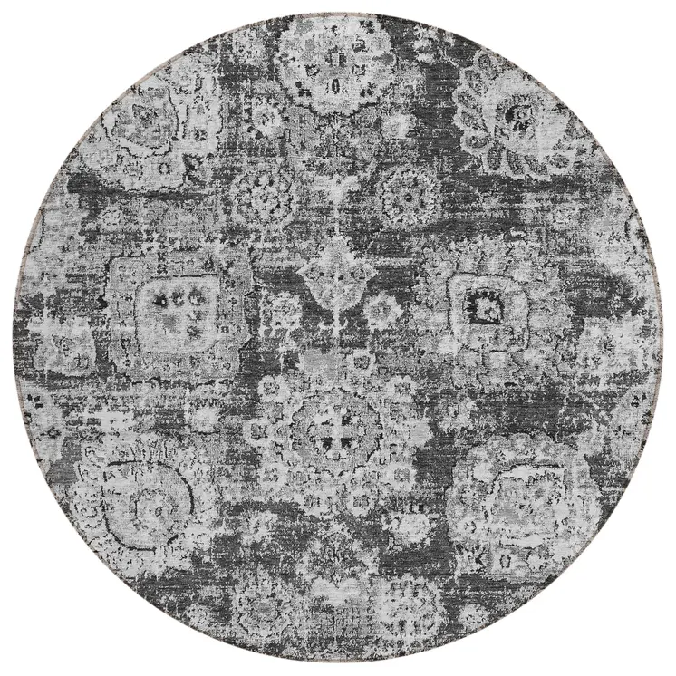 8' Gray Charcoal And Silver Round Floral Washable Indoor Outdoor Area Rug