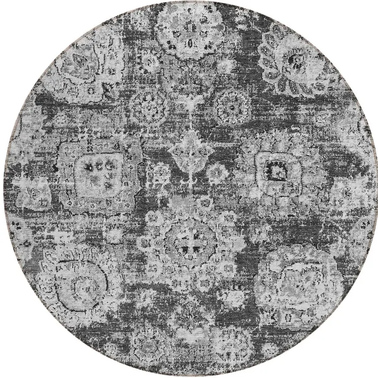 8' Gray Charcoal And Silver Round Floral Washable Indoor Outdoor Area Rug